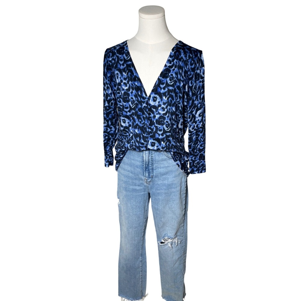 Merino Wool Leopard Cardigan Talbots Blue Black Animal‎ Print Classic Women L - Picture 2 of 13
